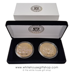Air Force One Challenge Coins , Set in Custom White House Velvet, 2-coin Display Case with premium 2-piece outer presentation gift box, high quality jewelry grade gold coins, Presidential Seal and Air Force One featured from official White House Gift Shop