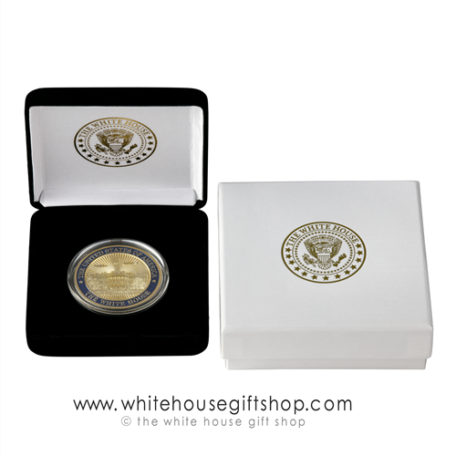 US CAPITOL Challenge Coins, Coin in custom velvet display case with premium 2-piece outer presentation gift box, White House President Seal imprint on both cases, high quality copper core coin with jewelry gold and blue enamel finishes, official gift