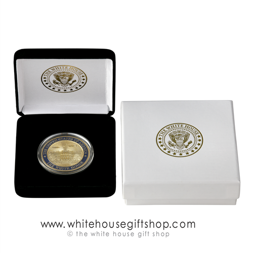 The White House Commemorative & Challenge Coin in Display Case is Gold Finished with Perfectly Baked Enamels on a Premium Copper Alloy Core Exclusively From Official White House Gift Shop Est. by Presidential Order & Members of U.S. Secret Service in 1946