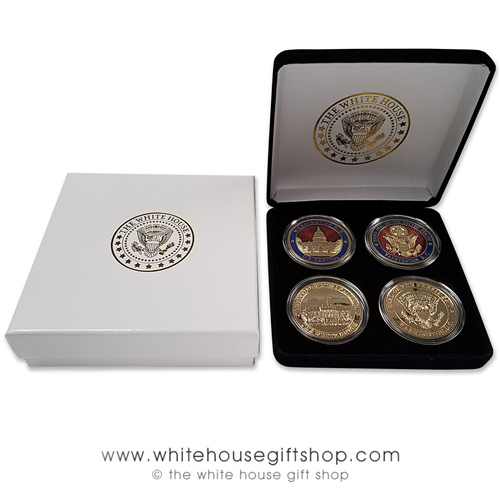 Coins, The White House & United States Capitol Building, Great Seal, Presidential Seal, 4 Coin Set, Black Velvet Display and Presentation Case, Front & Reverse of Coins are Displayed, 1.5" Diameter, Gold Plated & Red Enamels