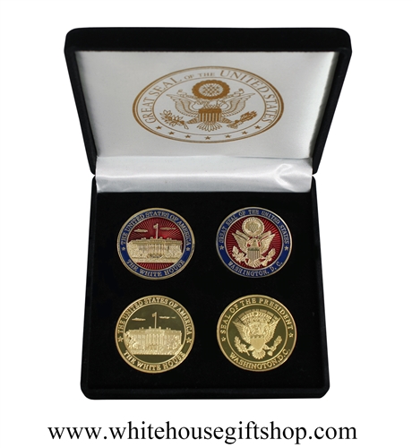 Coins, The White House Set, Great Seal on Reverse of Red White House, Presidential Seal on Reverse of White House, 4 Coin Set, Black Velvet Display and Presentation Case, Front & Reverse of Coins are Displayed, 1.5" Diameter, Gold Plated & Red Enamels
