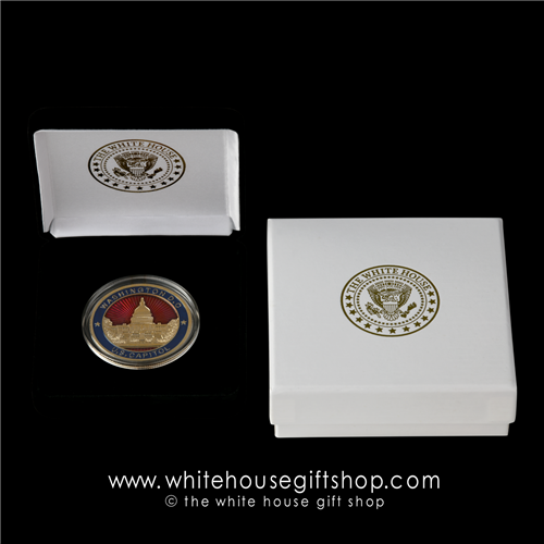 Premium US Capitol Building Challenge Coins, 1.5" diameter, High Quality Copper Core, 24k gold finish  with lustrous enamel finishes in red and blue, in Velvet Presentation and Custom 2 Piece Outer Gift Box with gold White House Seal imprinted on lid.