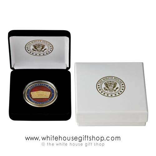 Pentagon Challenge & Commemorative Coin, Gold Finish with Red Enamel, Custom Velvet Display Case, Outer Gift Box with White House Seal, 1.5" Diameter. From Official White House Gift Shop & StoreÂ® Est. by President Order & Secret Secret Members