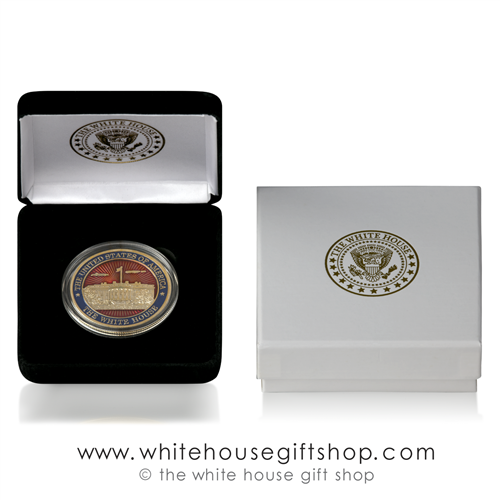 White House Premium Quality Challenge Coins, 1.5" diameter coin in custom velvet display case and custom 2-piece outer presentation gift box with gold imprinted White House Eagle Seal on lid of outer box and inside coin case, copper core, jewelry grade.