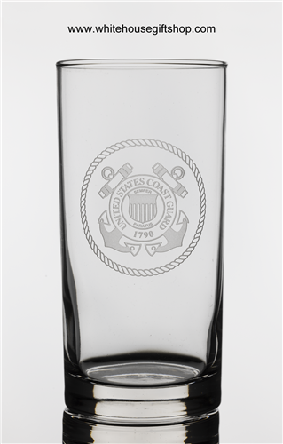 United States Coast Guard 15.5 OZ Highball Glass, USA Artisan Hand Engraved