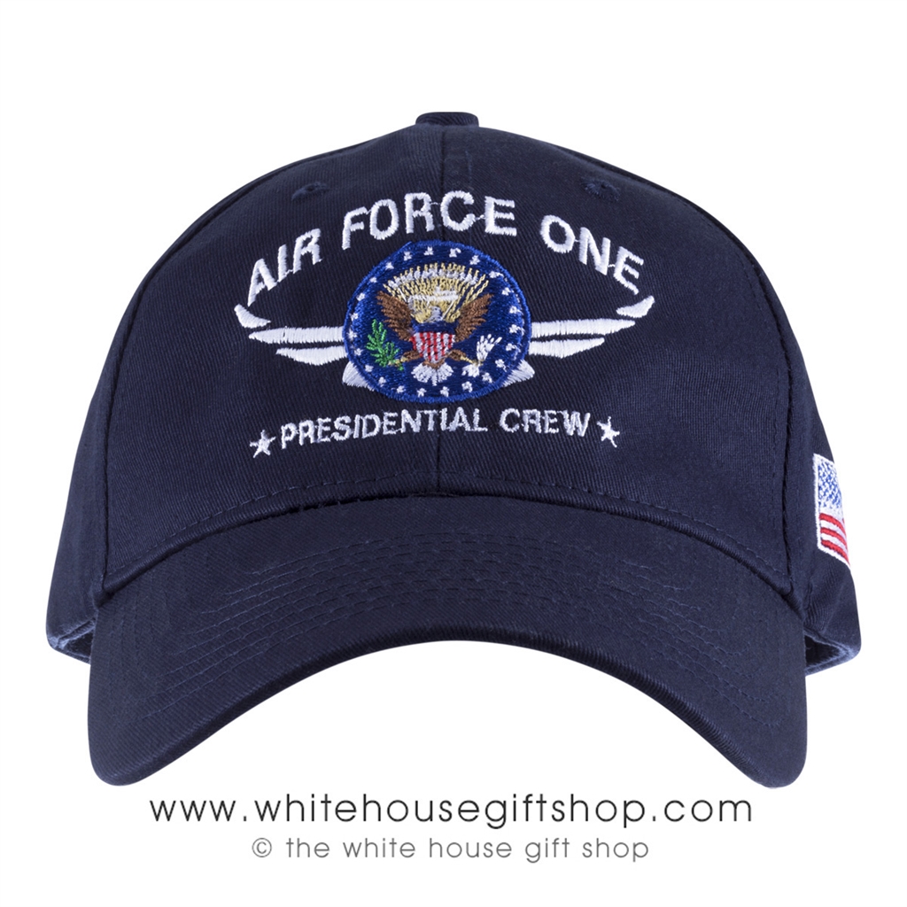 Air Force One Presidential Crew Cap, Made in the USA Hat with USAF  Chevrons, American flag embroidered on side, Navy blue structured cotton,  from Official White House Gift Shop