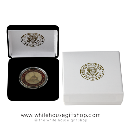 Iwo Jima Challenge Coin IN CUSTOM DISPLAY CASE WITH PRESIDENTIAL SEAL ON VELVET CASE AND PRESENTATION CASE, SEMPER FI, USMC, From Official White House Gift Shop Gifts Store