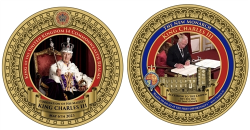 King Charles and Queen Elizabeth II official White House commemorative gold coin set. Sold by the official White House Gift Shop historical moments in history trademarked coin collection.