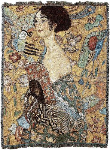 Gustav Klimt "Lady with a fan"Tapestry Throw, Blanket, Made in USA Quality Cotton, Machine Wash and Dry