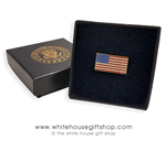 Made in USA American Flag pin, Obama and Biden, Ladies Brooch, rectangle shape, 3/7 inch by 3/8 inch, gold and enamel finishes, fine clasping clutch, in custom White House jewelry box from original official White House Gift Shop.