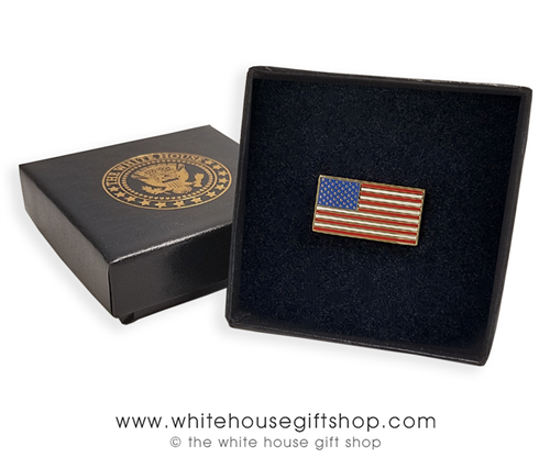 Made in USA American Flag pin, Obama and Biden, Ladies Brooch, rectangle shape, 3/7 inch by 3/8 inch, gold and enamel finishes, fine clasping clutch, in custom White House jewelry box from original official White House Gift Shop.