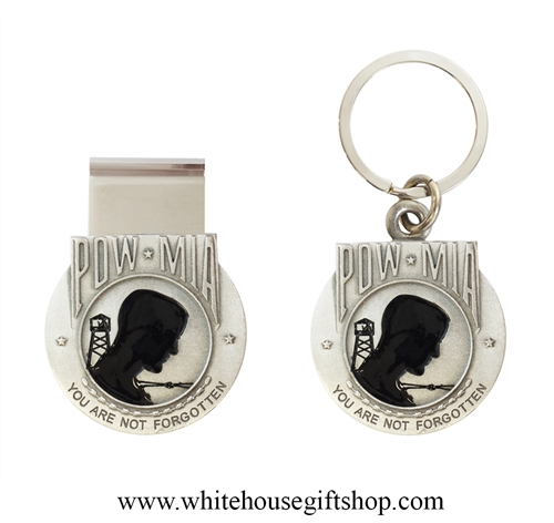 HERITAGE PEWTER POW MIA KEYCHAIN & MONEY CLIP SET, HONORING OUR MOST HONORED BUDDIES OF ALL WARS & CONFLICTS, Made in the USA