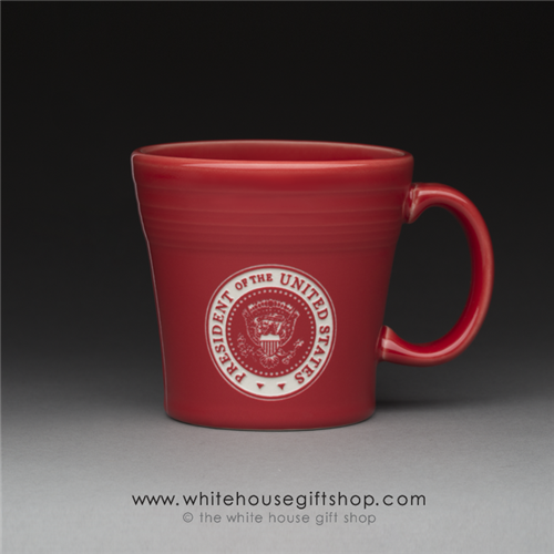 coffee-mug-white-house-dining-room-seal of the president-claret-red-mugs-white house gift shop-designed and hand-etched by patriotic artist anthony giannini-fiesta-compare with Macy's, Waterford, Nordstrum, Target, Historical Association-white house gifts