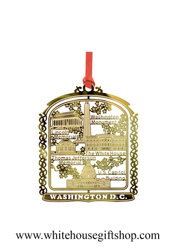 Ornaments, DC Monuments, Completely Finished in 24KT Gold on Brass, Perfect for Large Group Gifts, Quality Presentation and Affordability, 100% Handmade in the USA!  Holiday Red Windowpane Gift Box with White House Gift Shop Gold Seal on Reverse