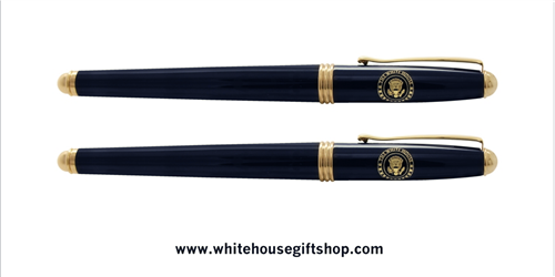 White House Seal, premium Navy Blue lacquer 2- piece roller ball Pens, from Presidential Pen collection from trademarked, Official White House Gift Shop since 1946, started by the United States Secret Service, honoring President Trump and all Presidents