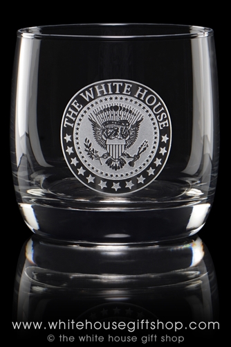 White House Seal Presidential Glass, On the Rocks, Personalized, Customized with your name, message, glasses from our President collection from White House Gift Shop since 1946, official, registered trademark, original White House Gifts.