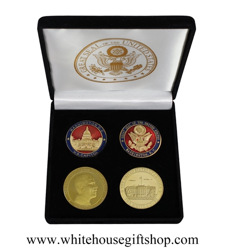 Coins, President Barack Obama, The White House, & United States Capitol Building Coin Set, Great Seal, Presidential Seal, 4 Coin Set, Black Velvet Display and Presentation Case, 1.5" Diameter, Gold Plated & Red Enamels