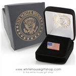 Premium quality American Flag pin, rectangle shape, 3/7 inch by 3/8 inch, gold and enamel finishes, fine clasping clutch, in custom White House jewelry box from original official White House Gift Shop.