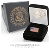 Premium quality made in USA American Flag pin, rectangle shape, 3/7 inch by 3/8 inch, gold and enamel finishes, fine clasping clutch, in custom White House jewelry box from original official White House Gift Shop.