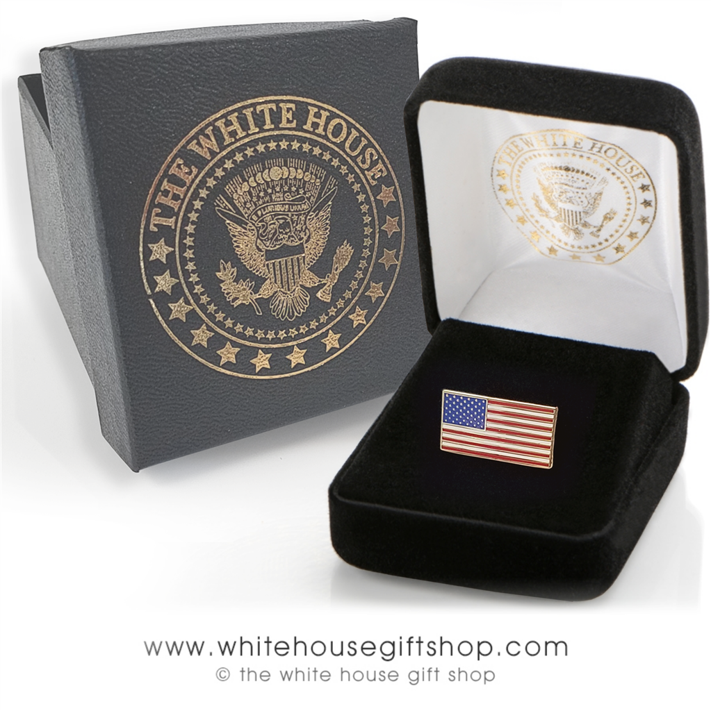 made in USA,gold American flag lapel pins, quality rectangle shape flag pin  as worn by President Obama and President Trump, upgraded clutch, premium  quality pin, custom White House jewelry box from the