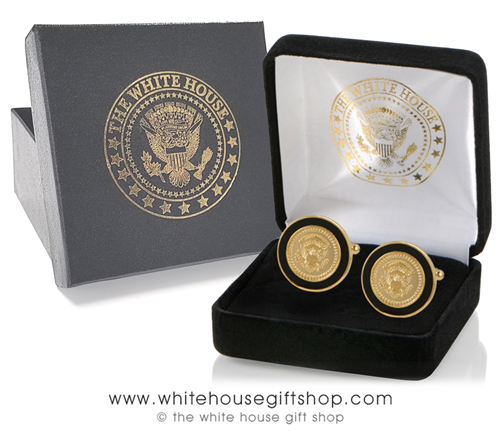 President Trump Cufflinks, Elegant black border with raised Presidential Seal in center