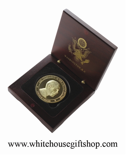 Coin, Barack Obama, President on Front & Presidential Seal on Reverse, Gold Plated, Wood Case, 1.5" Gold Plated Diameter Coin, SOLD OUT