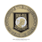 POW, MIA Challenge Coin, clear protective capsule case, 1.5" diameter bronze and enamel finish, engravable, from official White House Gift Shop since 1946