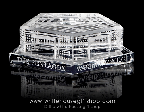 Pentagon Glass Paperweight Display, Elegant,3 1/2" wide x 1 1/4" high, Washington, D.C., Packed in White Gift Style Box with Lid, White Gift Tissue, and Gold White House Gift Shop seal on lid