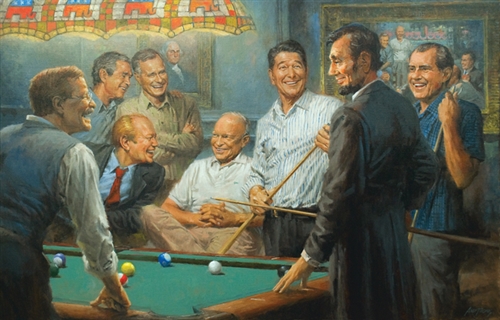 Puzzles, Eight Presidents Playing Pool Puzzle: Reagan, Bush, Eisenhower, Nixon, Ford, GW Bush, Roosevelt, Lincoln, Made in USA, 1000 Pieces, 19" x 13", White House Gift Shop Official Gold Seal on Box