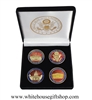 Coins, The White House, United States Capitol Building, & Pentagon, Great Seal on Reverse of Coins, Premium Copper Core 4-Coins, Black Velvet Display and Presentation Case, Front & Reverse of Coins are Displayed, 1.5" Diameter, Gold Plated & Red Enamels