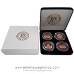 Coins, The White House & United States Capitol Building, Great Seal on Reverse of Coins, 4 Coin Set, Black Velvet Display and Presentation Case, Front & Reverse of Coins are Displayed, 1.5" Diameter, Gold Plated & Red Enamels