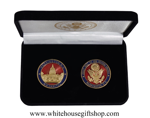 The Capitol Building, Great Seal of the United States Challenge Coins premium quality copper core, gold and enamel coins, in custom velvet White House Seal display case and presentation gift box, from official original White House Gift Shop Est. 1946.