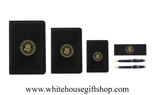 The White House Presidential Folios and Pen Gift Set: Large Folio (11" x 8.5"), Medium Folio (7" x 5"),  Jotter (4" x 3"), Blue White House Architecture and Presidential Seal Pens, Great Seal Pen Box