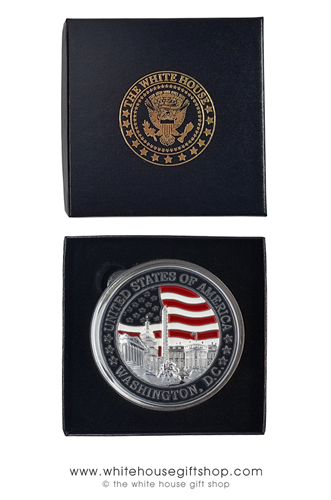 The White House, Washington DC challenge coin medallion, silver, red, midnight navy blue large