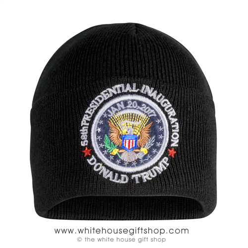 Patriotic Inauguration Beanie Cap, Black with Seal of the President of the United States, Donald J. Trump.  From the Official White House Gift Shop Est. by Presidential Order & U.S. Secret Service Store,
