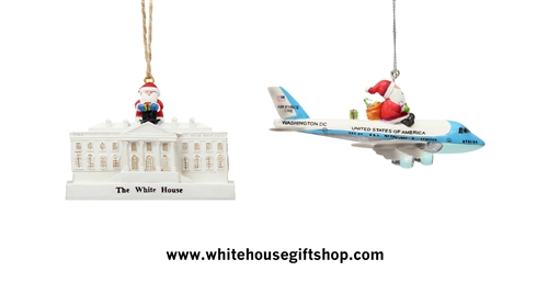 White House Santa Clause Ornaments, Santa Clause at Christmas Aboard Air Force One and His Sleigh on the White House. From Official White House Gift Shop.