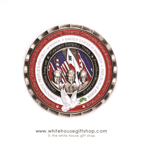 TRUMP, MOON JAE-IN, KIM JONG-UN, LIMITED EDITION COINS, SOUTH KOREA, NORTH KOREA, UNITED STATES PEACE SUMMIT COIN, WORLD WIDE NEWS WHITE HOUSE GIFT SHOP-news-social-media-anthony-giannini-coins-designer-mh-design