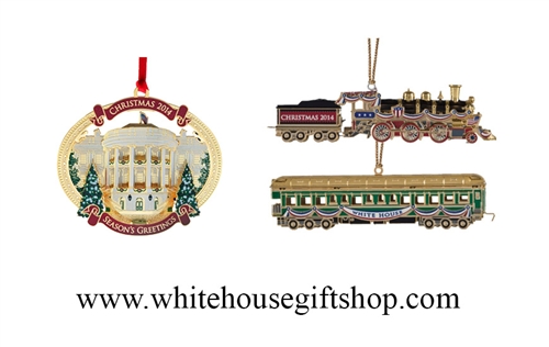 The White House Ornaments in One Set:  2014 White House Gift Shop, Est. 1946 by Permanent Presidential Order Christmas Ornament: Truman's Balcony & 2014 Historical Harding Train