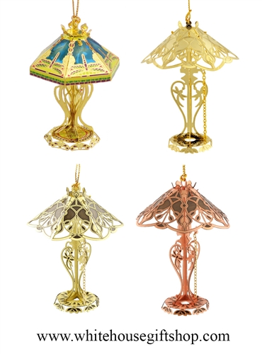Complete Tiffany, American Artist Series, Lamp Ornaments Collection, Enamels, Brass, Gold, and Copper Tiffany Lamps, 24KT Gold Finish, 3D, Handmade in USA, Presented in Individual White House Gift Shop Gold Boxes with Official Seal, SOLD OUT