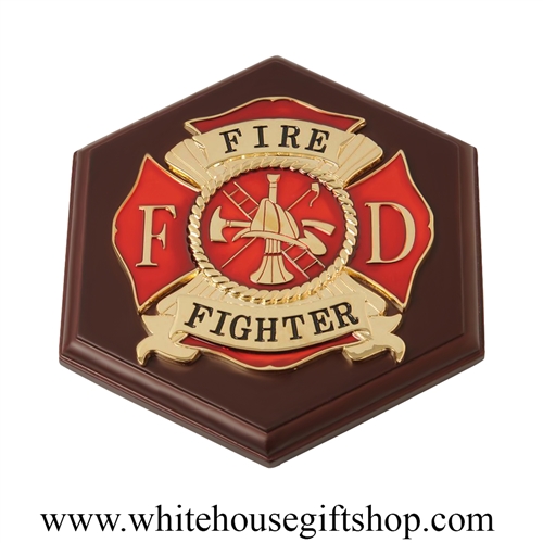 Fire fighter wall placard, plaque, medallion, or paperweight, 7 inches by 6 inches impressive wood base.