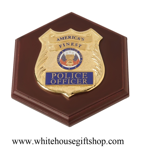 United States Police Medallion Paperweight or Desktop Display, Mahogany Stained Wood,  6" x 7" x 1", Made in the USA, Boxed with White House Gift Shop, Est. 1946 Official Seal on Lid, WH85-41107