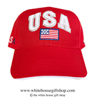 USA Red Hat, White bold embroidery on front and letters on back adjustable velcro strap, Import