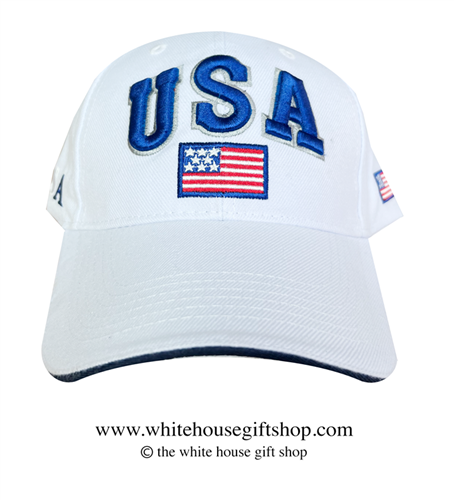 USA White Hat, White bold embroidery on front and letters on back adjustable velcro strap, Import