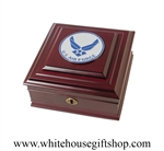USAF, United States Air Force Memory Box, Keepsake Case, high quality wood finish with Aim High Medallion on lid, from Official White House Gift Shop Est. 1946, select your package type for premium gift to active or retired Air Force serviceman or woman.