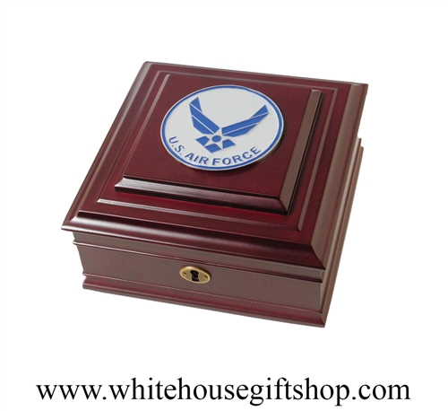 USAF, United States Air Force Memory Box, Keepsake Case, high quality wood finish with Aim High Medallion on lid, from Official White House Gift Shop Est. 1946, select your package type for premium gift to active or retired Air Force serviceman or woman.