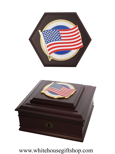 United States American Flag Set, Features USA Flag Keepsake Case & USA Flag Medallion Paperweight, USA,  8" x 4" Keepsake Case, 6" x 7" x 1" Paperweight,Boxed with White House Gift Shop, Est. 1946 Official Seal on Lid