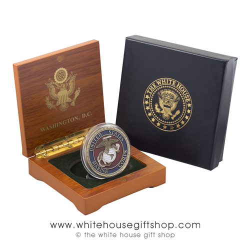 Marine Corps Challenge Coin, USMC, in Wood Coin Case & 2-Piece White House Outer Gift Box