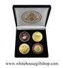 Coins, Marine Corps, Gold Marine Corps, Iwo Jima, & Gold Pentagon, 4 Coin Set, Black Velvet Display Case, Front of Coins are Displayed, Pewter & Baked Enamels, 1.5" Diameter