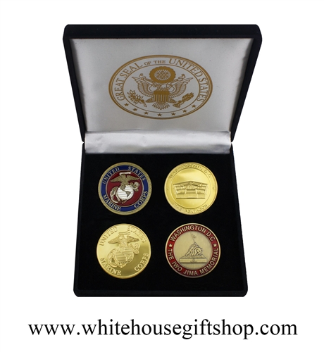 Coins, Marine Corps, Gold Marine Corps, Iwo Jima, & Gold Pentagon, 4 Coin Set, Black Velvet Display Case, Front of Coins are Displayed, Pewter & Baked Enamels, 1.5" Diameter