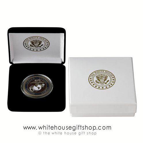 Coins, Marine Corps USMC Challenge Coin in White House Display Case, bronze and color finishes, outer elegant presentation gift box with gold imprint of White House Eagle Seal on lid, from original official White House Gift Shop since 1946